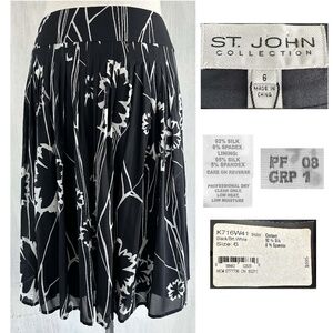St. John Collection Sz 6 Black White Floral Pleated Full Drape Silk Skirt $595